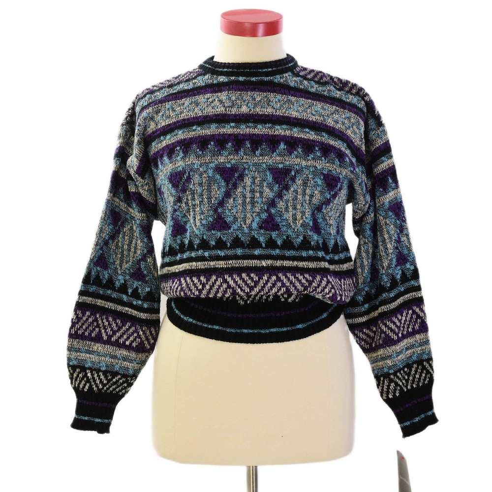80s Vintage Coogie Style Sweater Womens L Oversized Printed Striped Crew Neck